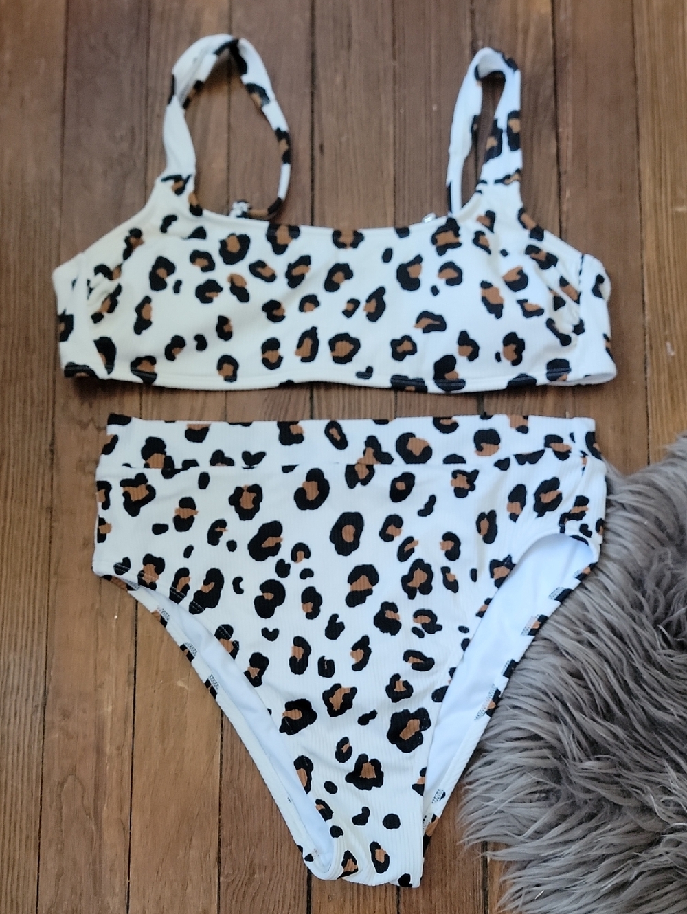 Xhilaration White Leopard Print Bikini with Black and Brown Spots